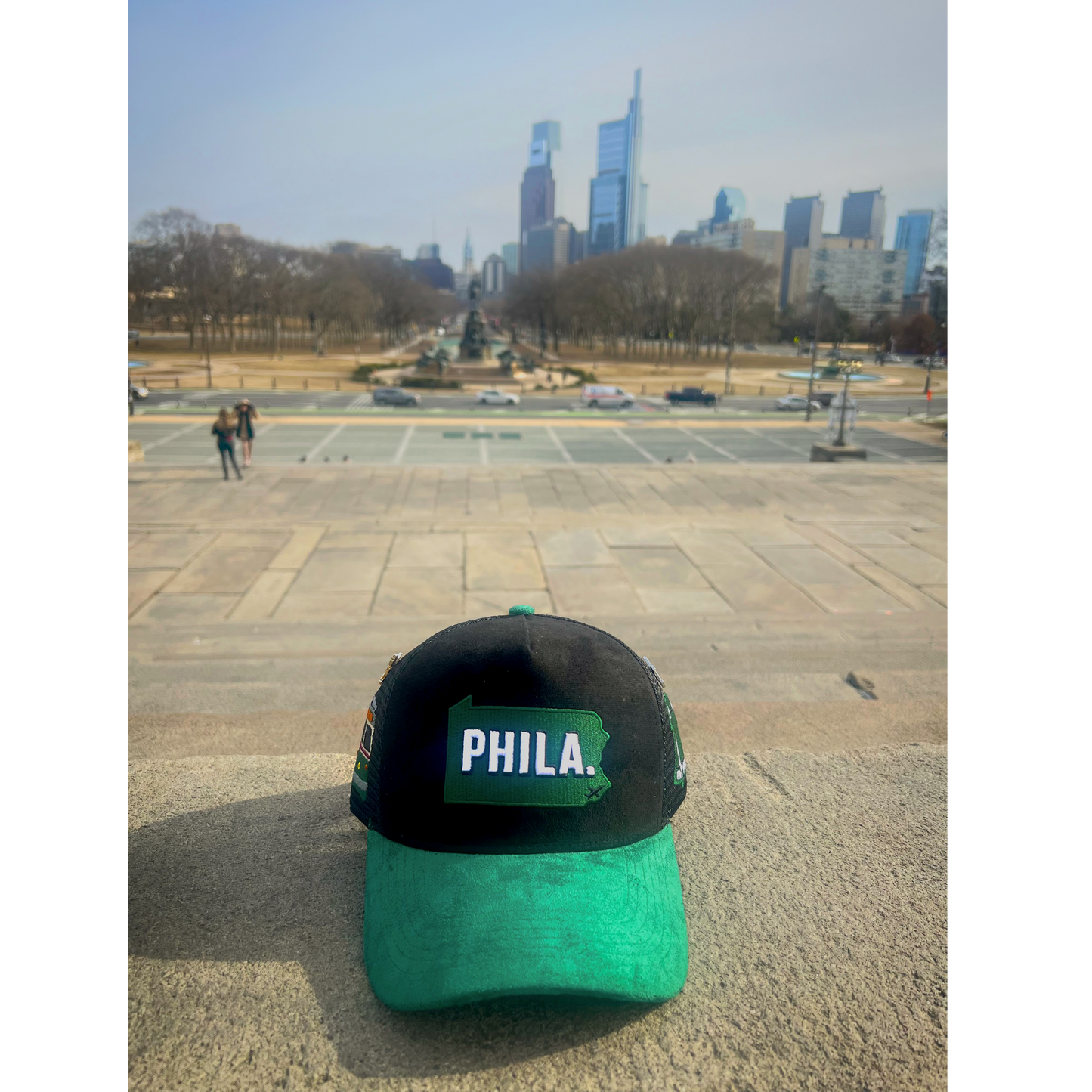 Phila. Black & Green Suede Trucker Hat w/ Custom Pins