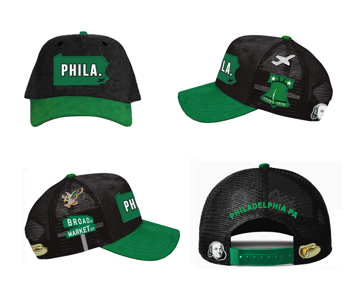 Phila. Black & Green Suede Trucker Hat w/ Pins