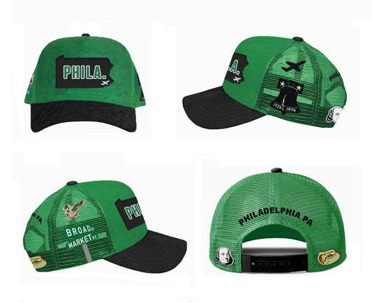 Phila. Green & Black Suede Trucker Hat w/ Pins